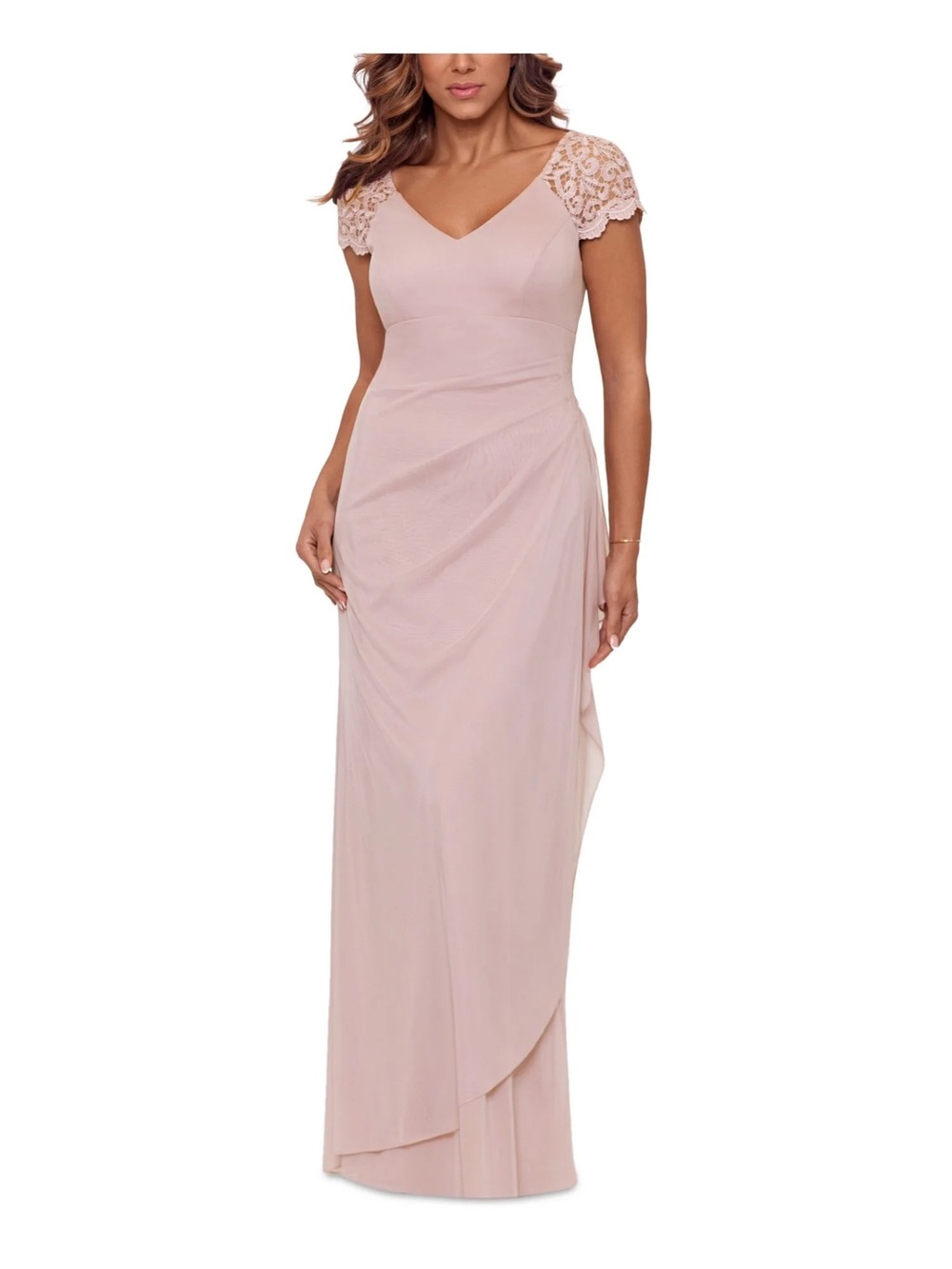 X by Xscape Size 4 Rose Pink Lace Sleeve Chiffon Evening Gown NWT